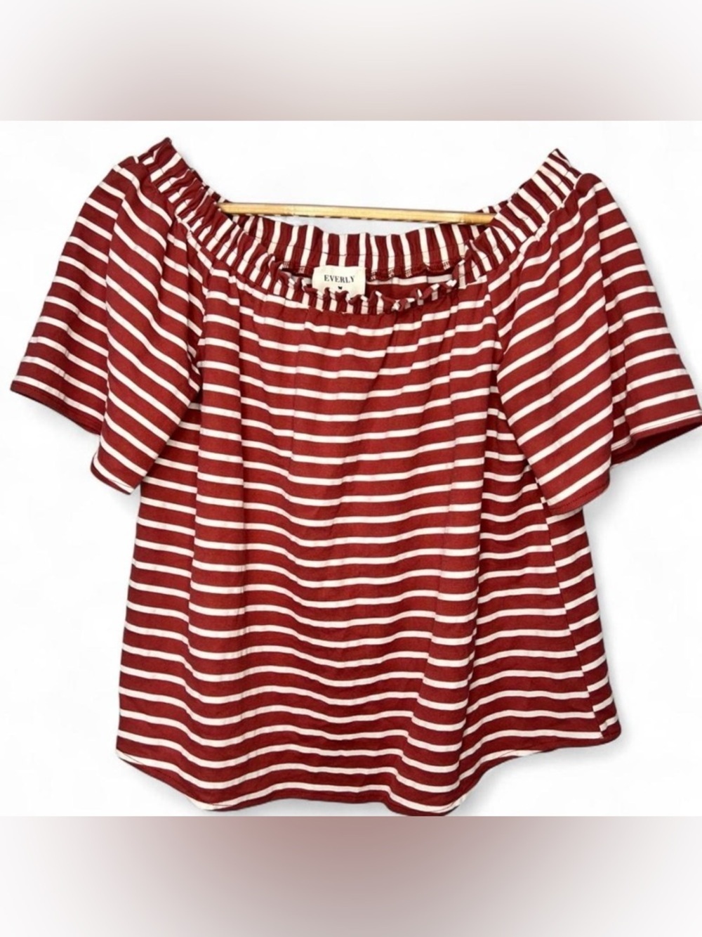 Fisherman Nautical Striped Ruffle European French Top Rust Red and White M